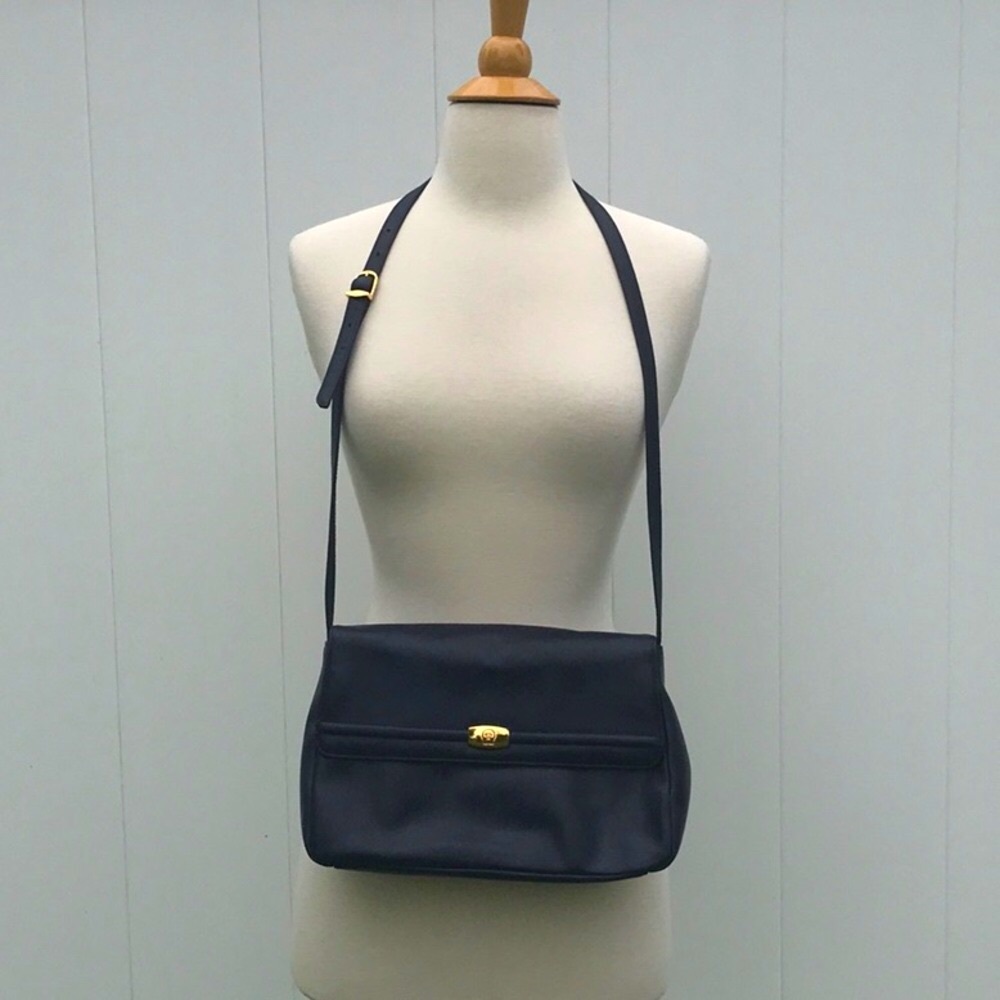 Vintage Etienne Aigner Leather Navy Blue Shoulder Bag with Gold Accents - Picture 2 of 16